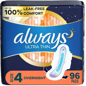 Always Ultra Thin Overnight Pads with Wings, Size 4, Overnight, 96 Count