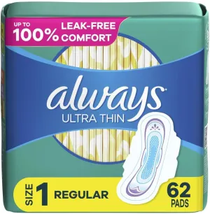 Always Ultra Thin Pads with Flexi-Wings, Size 1, Regular, Unscented, 62 CT