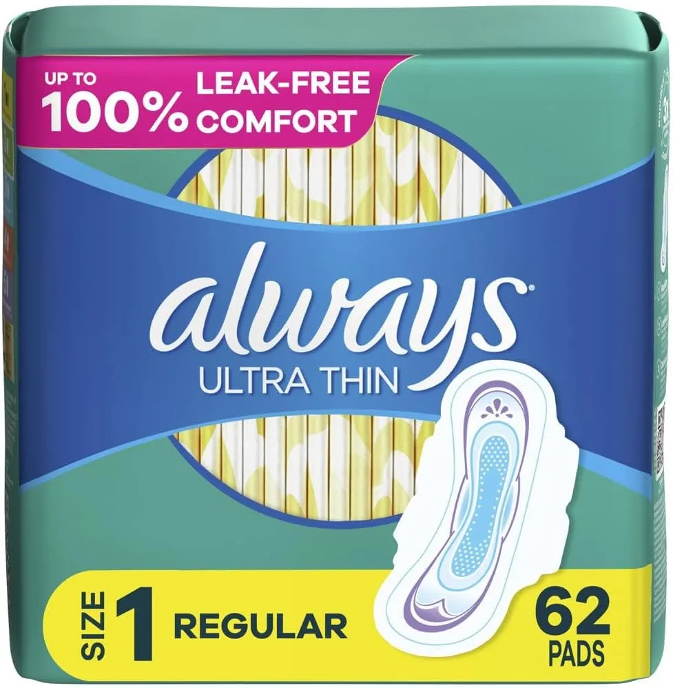 Always Ultra Thin Pads with Flexi-Wings, Size 1, Regular, Unscented, 62 CT