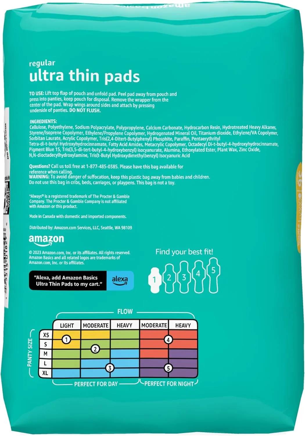 Amazon Basics Regular Absorbency Pads for Women, Ultra Thin with Flexi-Wings, Unscented, Size 1, 144 Count, (4 Packs of 36) (Previously Solimo)