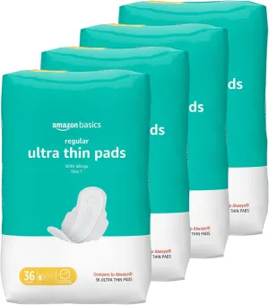 Amazon Basics Regular Absorbency Pads for Women, Ultra Thin with Flexi-Wings, Unscented, Size 1, 144 Count, (4 Packs of 36) (Previously Solimo)