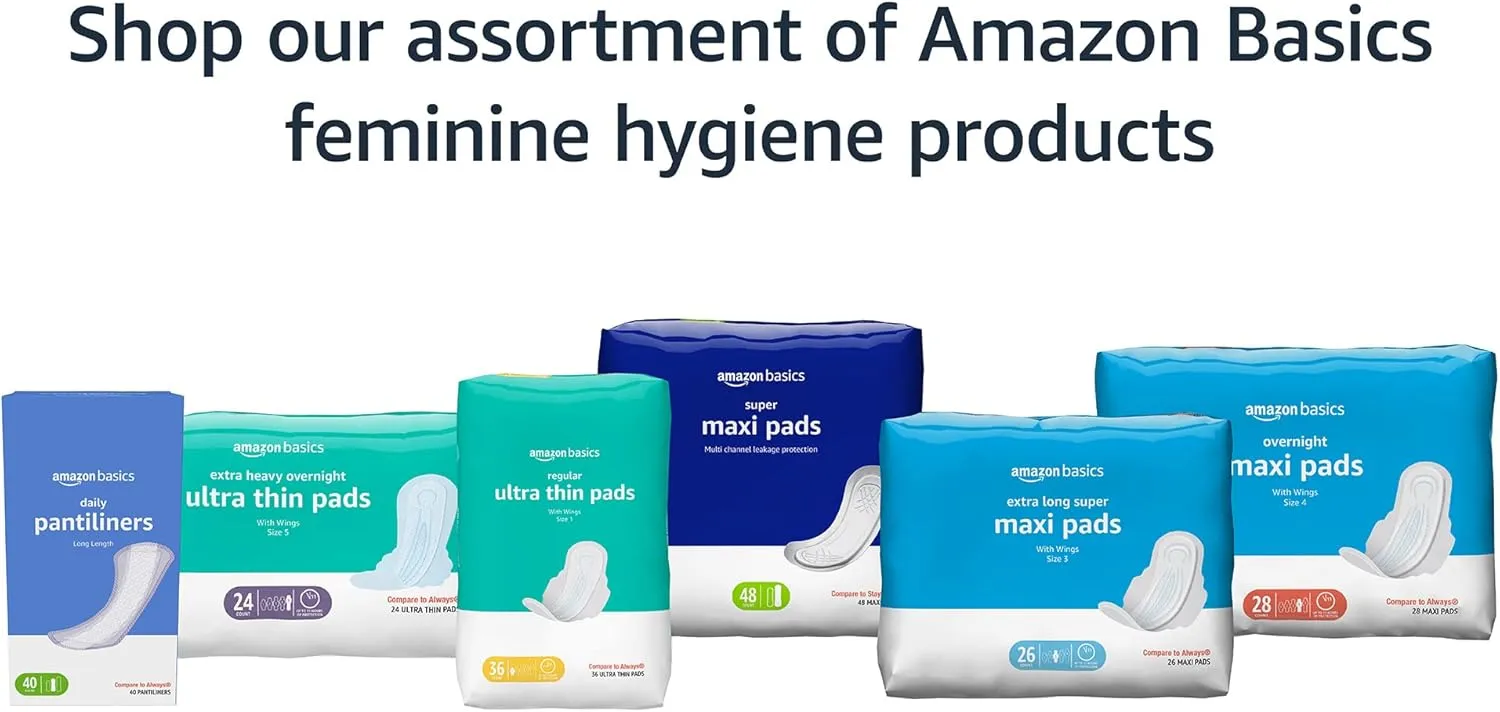 Amazon Basics Regular Absorbency Pads for Women, Ultra Thin with Flexi-Wings, Unscented, Size 1, 144 Count, (4 Packs of 36) (Previously Solimo)