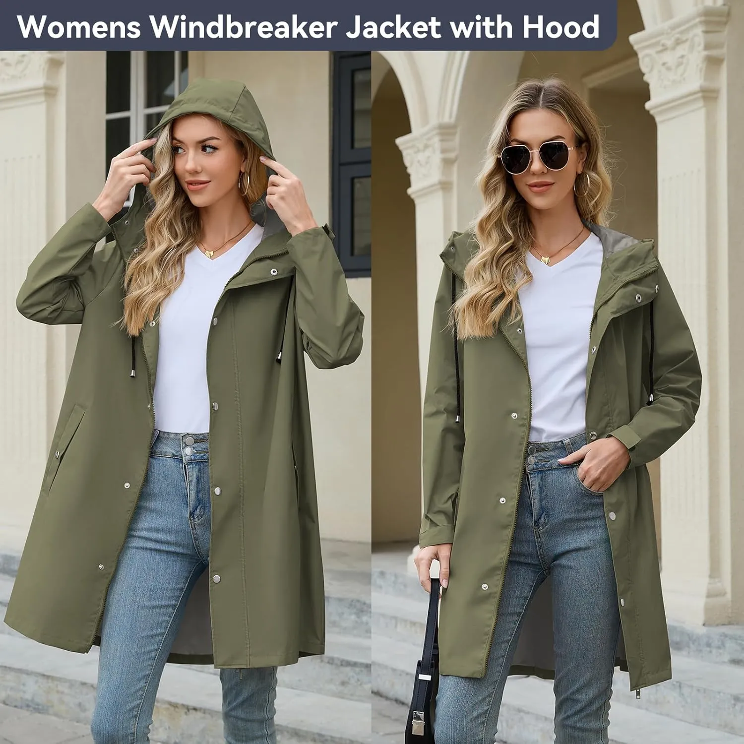 American Trends Packable Waterproof Rain Jacket Women with Hood Raincoat Windbreaker Long Hooded Trench Coats S-2XL Available