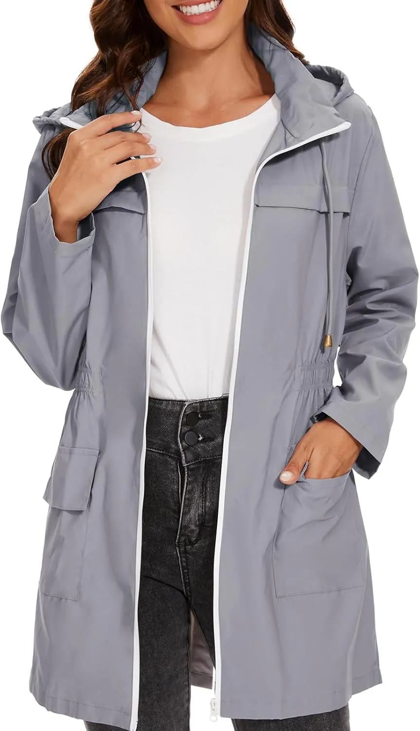 American Trends Rain Jacket Women Waterproof with Hood Windbreaker Jacket Travel Rain Coat Packable Lightweight Long Raincoat