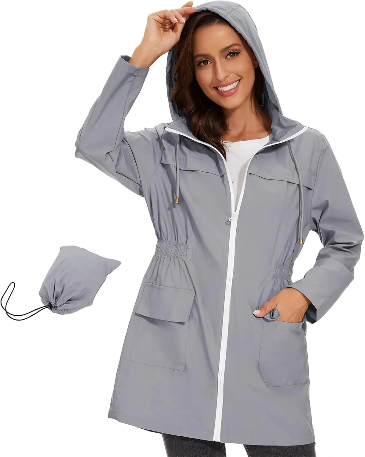 American Trends Rain Jacket Women Waterproof with Hood Windbreaker Jacket Travel Rain Coat Packable Lightweight Long Raincoat