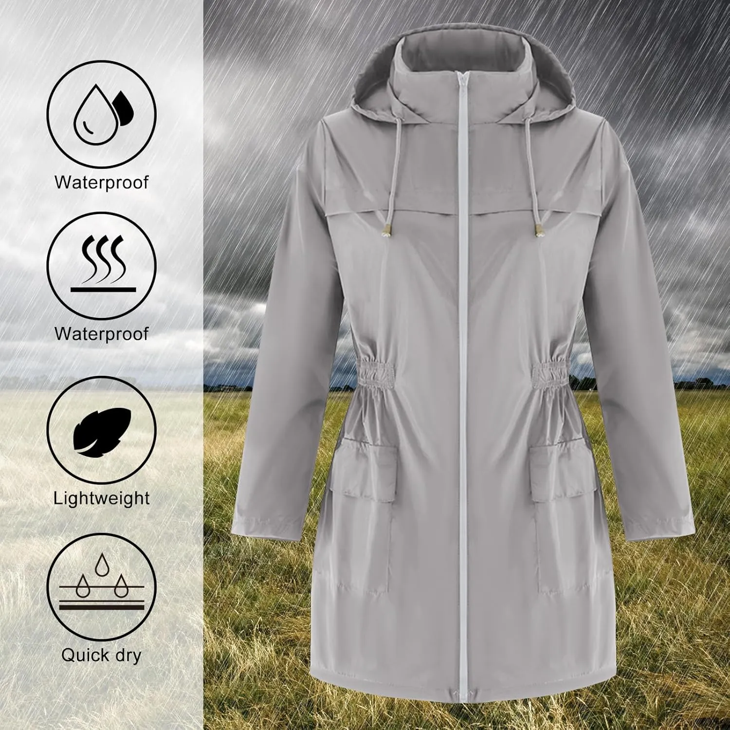 American Trends Rain Jacket Women Waterproof with Hood Windbreaker Jacket Travel Rain Coat Packable Lightweight Long Raincoat