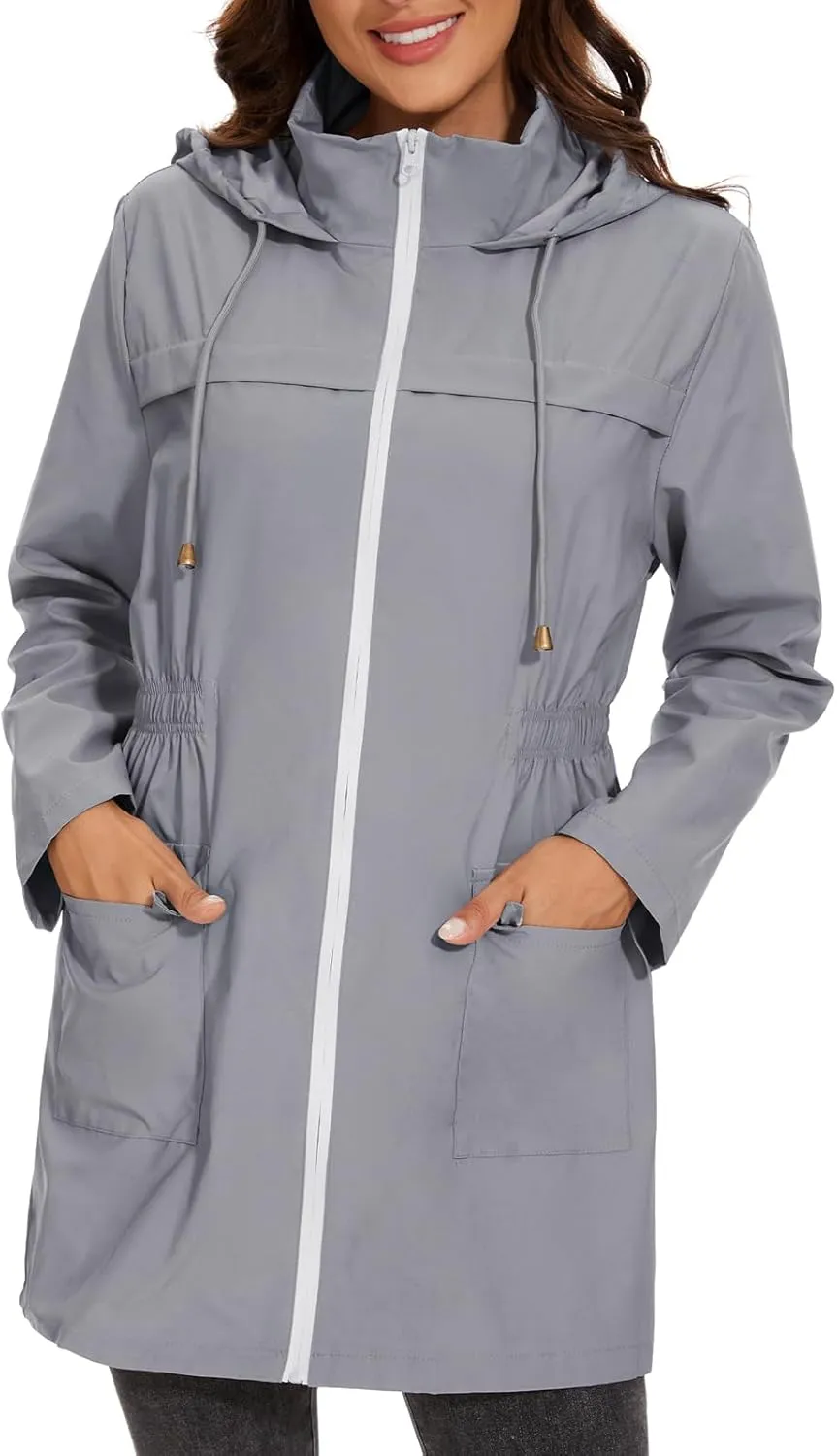 American Trends Rain Jacket Women Waterproof with Hood Windbreaker Jacket Travel Rain Coat Packable Lightweight Long Raincoat