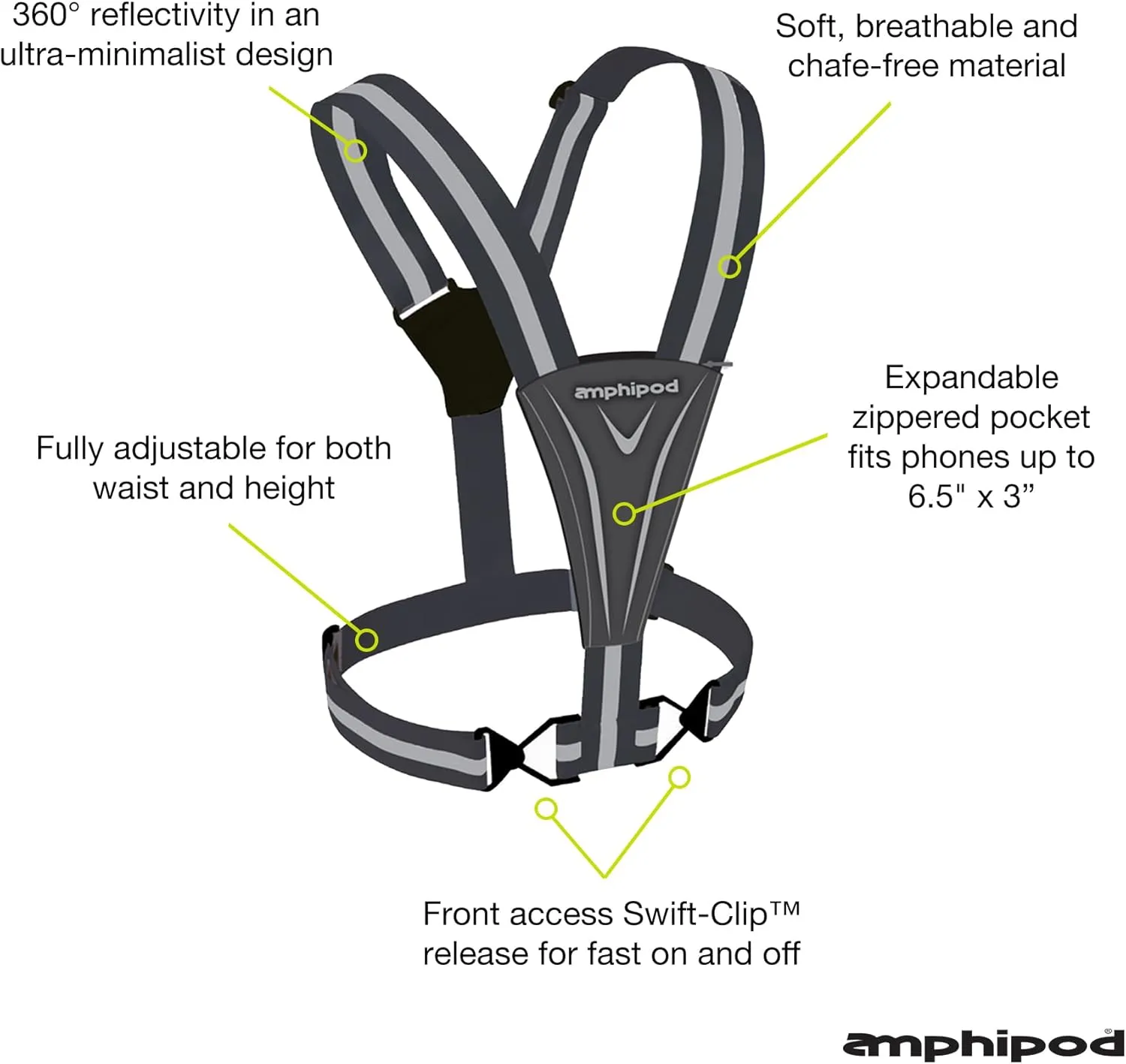 Amphipod Xinglet Sumo Pocket, Minimalist Reflective High Visibility   Large Storage Safety Running Vest for Men & Women
