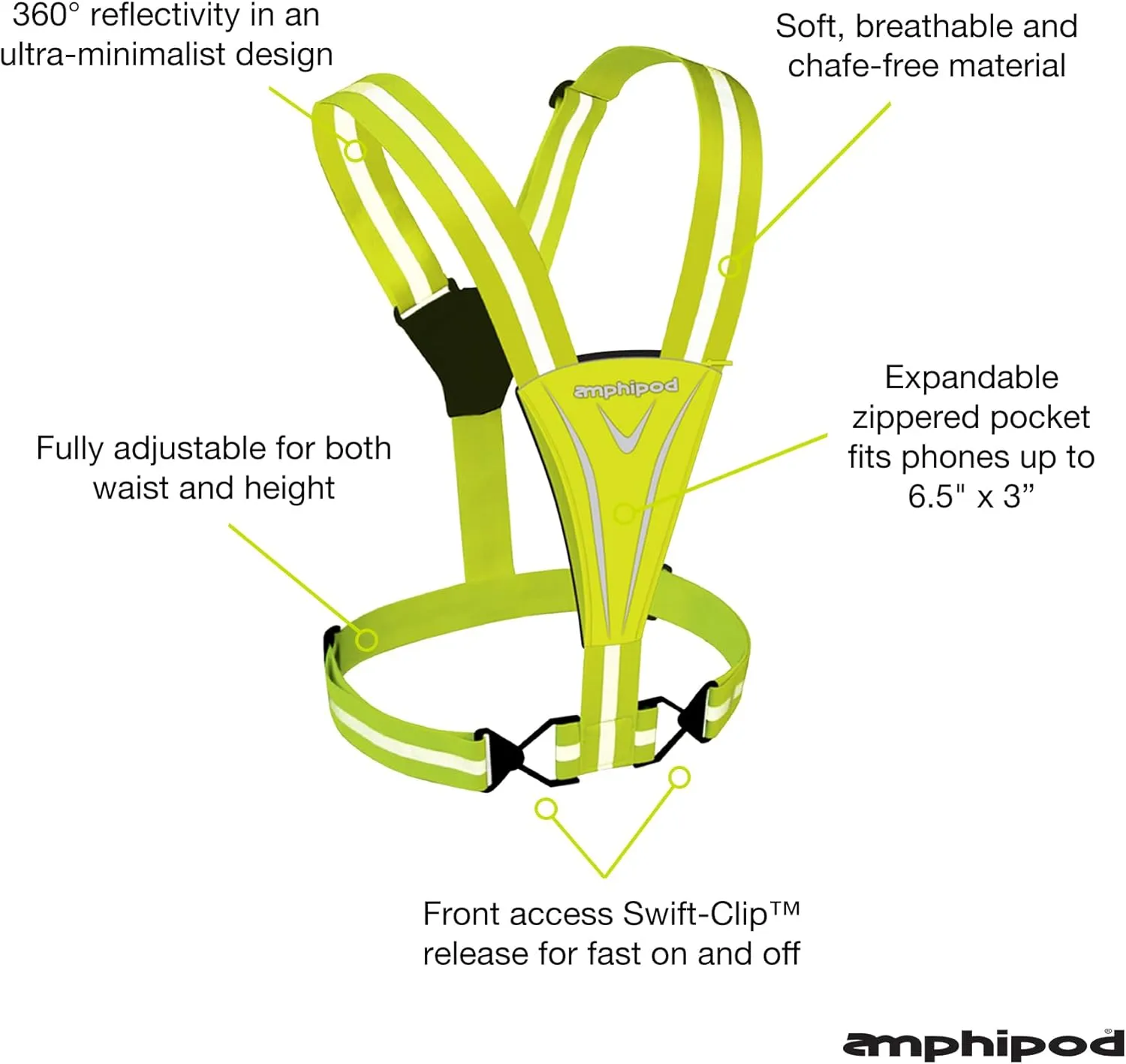 Amphipod Xinglet Sumo Pocket, Minimalist Reflective High Visibility   Large Storage Safety Running Vest for Men & Women