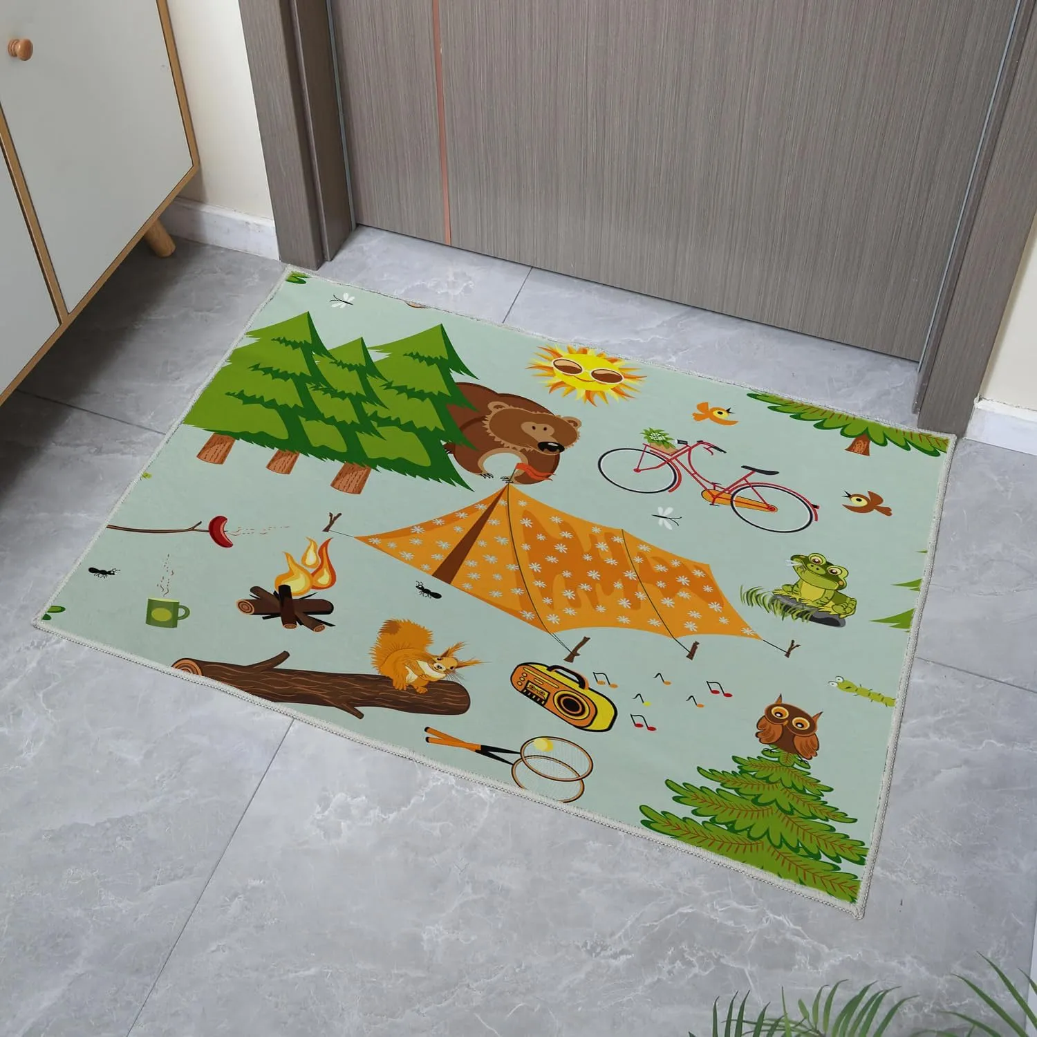 Ansouyi Non-Slip 2x3 ft Area Rugs, Washable Rug Carpet for Living Room, Cartoon Green Camp Camping Forest Campfire Home Decor Rugs for Game Room Classroom Bedroom Dining Kindergarten Room