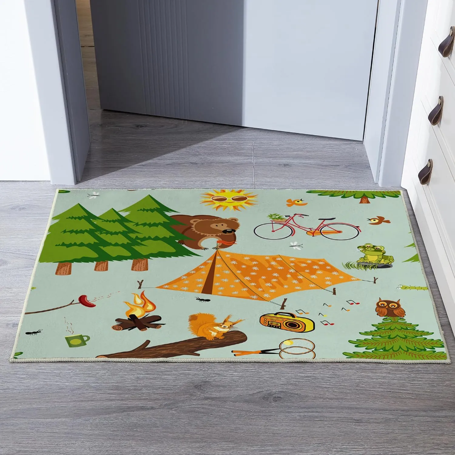 Ansouyi Non-Slip 2x3 ft Area Rugs, Washable Rug Carpet for Living Room, Cartoon Green Camp Camping Forest Campfire Home Decor Rugs for Game Room Classroom Bedroom Dining Kindergarten Room