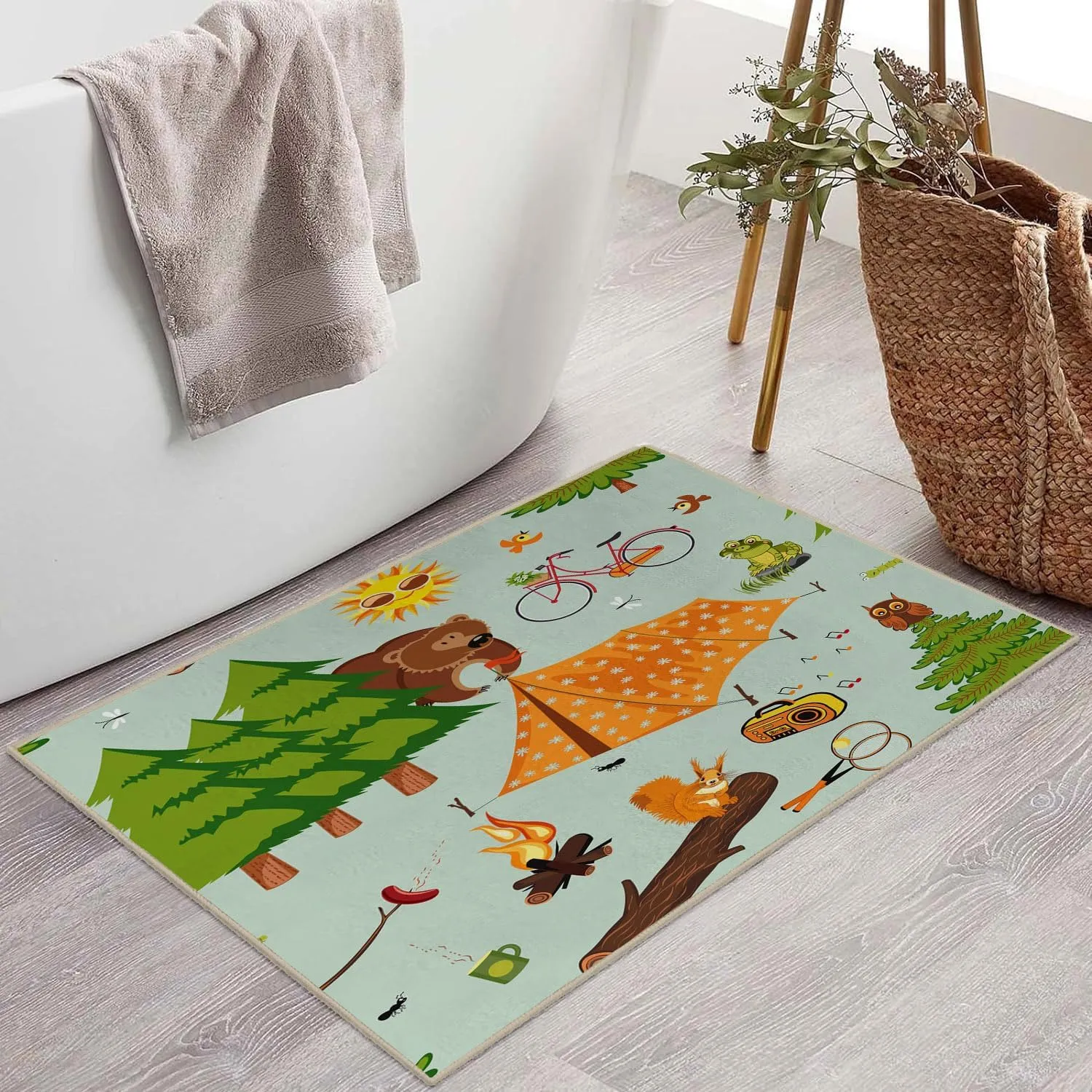 Ansouyi Non-Slip 2x3 ft Area Rugs, Washable Rug Carpet for Living Room, Cartoon Green Camp Camping Forest Campfire Home Decor Rugs for Game Room Classroom Bedroom Dining Kindergarten Room