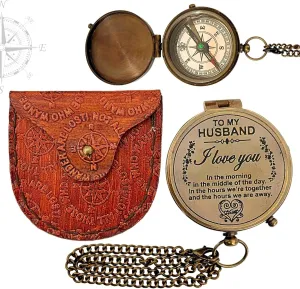 Antique Chain Compass For Hiking Nautical Brass Pocket With Engraved On Leather Case (To My Husband I Love You)