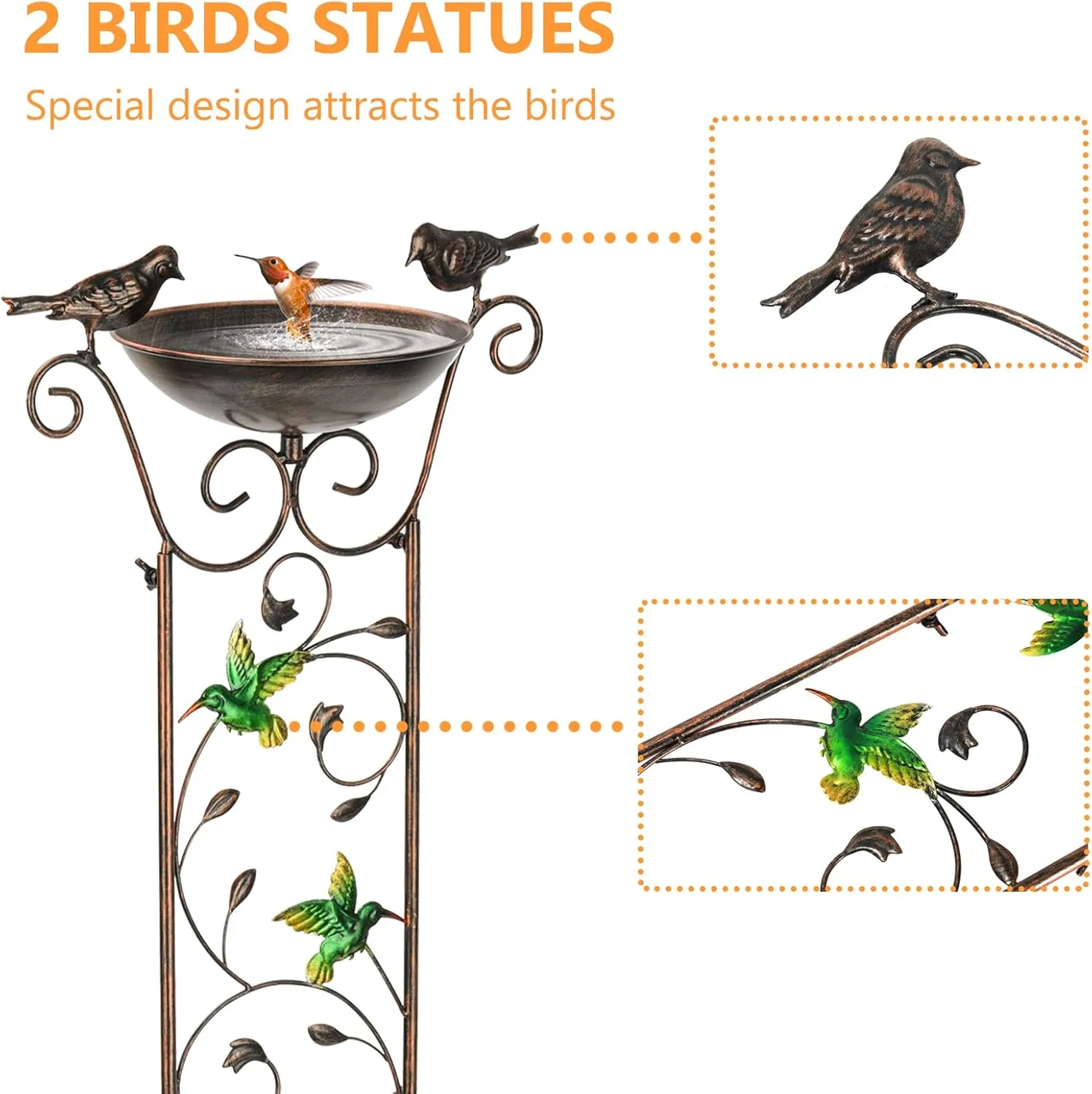 Antique Garden Iron Trellis with Decorative Hummingbirds Detachable Bird Bath Bowl Metal Potted Plant Support for Climbing Flowers