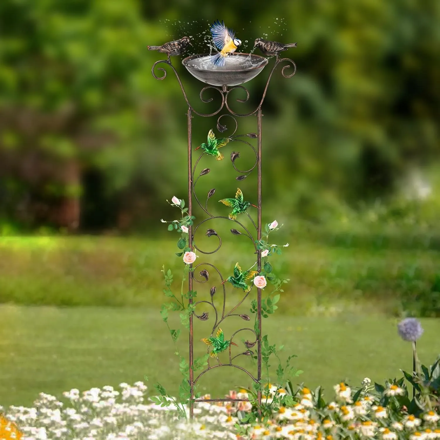 Antique Garden Iron Trellis with Decorative Hummingbirds Detachable Bird Bath Bowl Metal Potted Plant Support for Climbing Flowers