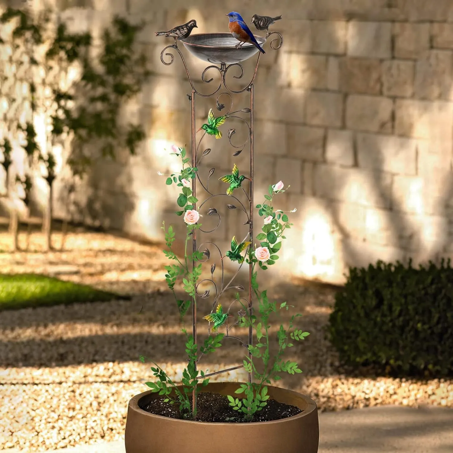 Antique Garden Iron Trellis with Decorative Hummingbirds Detachable Bird Bath Bowl Metal Potted Plant Support for Climbing Flowers