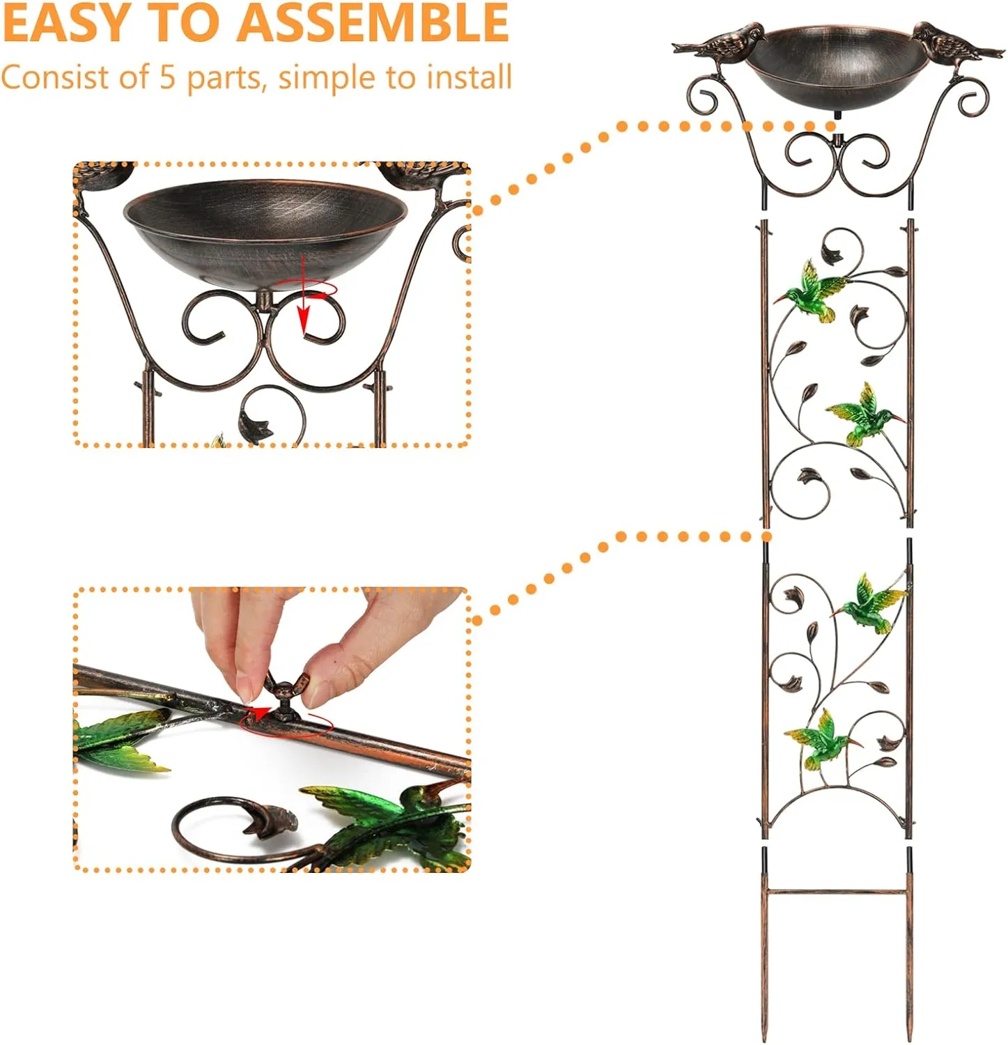 Antique Garden Iron Trellis with Decorative Hummingbirds Detachable Bird Bath Bowl Metal Potted Plant Support for Climbing Flowers