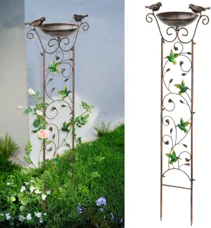 Antique Garden Iron Trellis with Decorative Hummingbirds Detachable Bird Bath Bowl Metal Potted Plant Support for Climbing Flowers