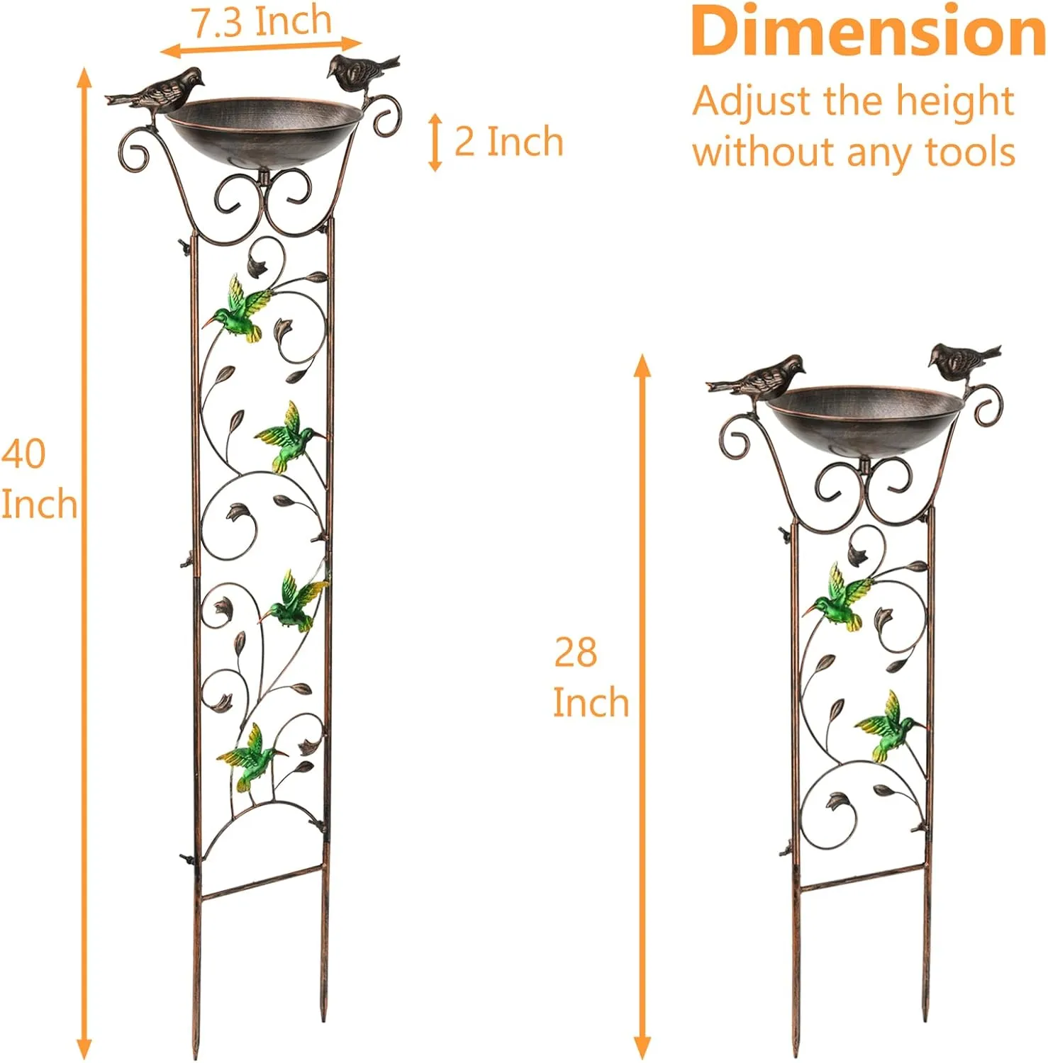 Antique Garden Iron Trellis with Decorative Hummingbirds Detachable Bird Bath Bowl Metal Potted Plant Support for Climbing Flowers