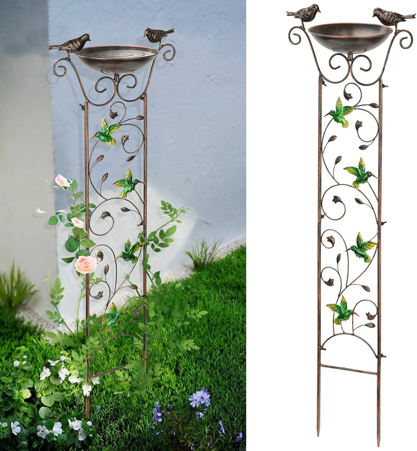 Antique Garden Iron Trellis with Decorative Hummingbirds Detachable Bird Bath Bowl Metal Potted Plant Support for Climbing Flowers