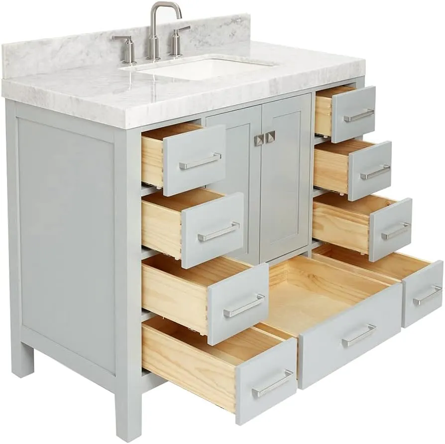 ARIEL Cambridge 42 Inch Grey Bathroom Vanity with Sink, Solid Wood, Carrara Marble Countertop, 2-Inch Edge, Rectangular Undermount Sink, 2 Soft Doors, 9 Drawers