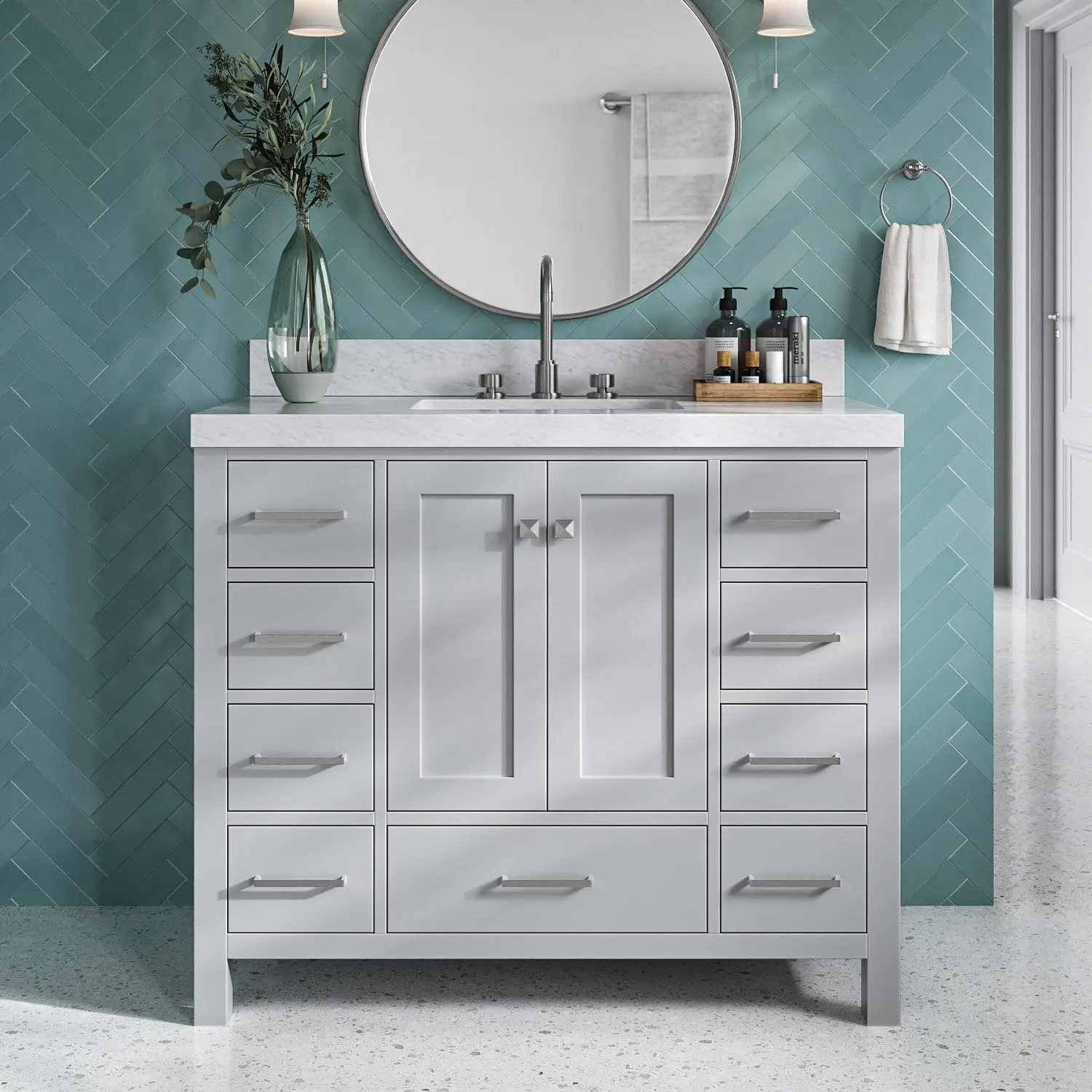 ARIEL Cambridge 42 Inch Grey Bathroom Vanity with Sink, Solid Wood, Carrara Marble Countertop, 2-Inch Edge, Rectangular Undermount Sink, 2 Soft Doors, 9 Drawers