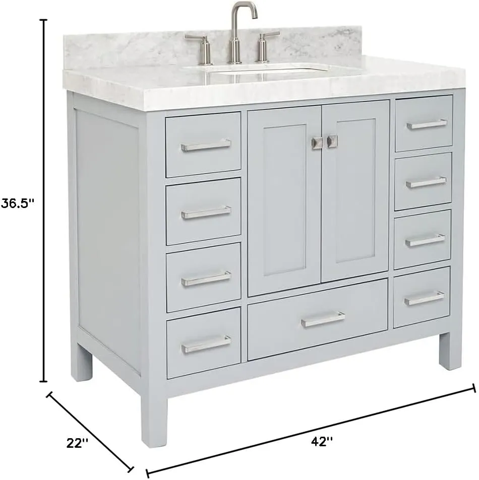 ARIEL Cambridge 42 Inch Grey Bathroom Vanity with Sink, Solid Wood, Carrara Marble Countertop, 2-Inch Edge, Rectangular Undermount Sink, 2 Soft Doors, 9 Drawers
