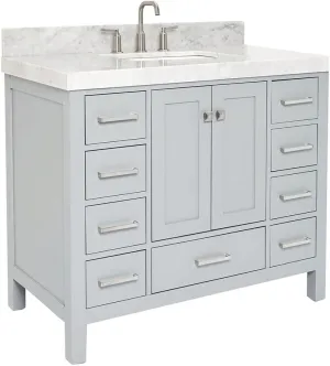 ARIEL Cambridge 42 Inch Grey Bathroom Vanity with Sink, Solid Wood, Carrara Marble Countertop, 2-Inch Edge, Rectangular Undermount Sink, 2 Soft Doors, 9 Drawers