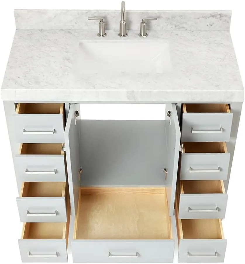 ARIEL Cambridge 42 Inch Grey Bathroom Vanity with Sink, Solid Wood, Carrara Marble Countertop, 2-Inch Edge, Rectangular Undermount Sink, 2 Soft Doors, 9 Drawers