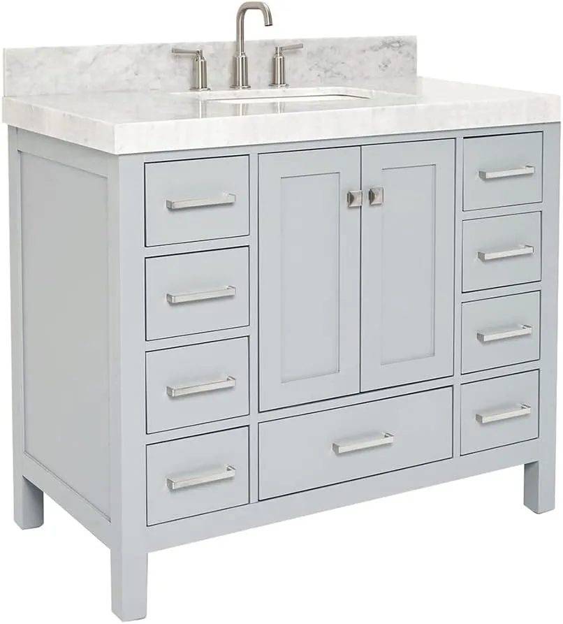 ARIEL Cambridge 42 Inch Grey Bathroom Vanity with Sink, Solid Wood, Carrara Marble Countertop, 2-Inch Edge, Rectangular Undermount Sink, 2 Soft Doors, 9 Drawers