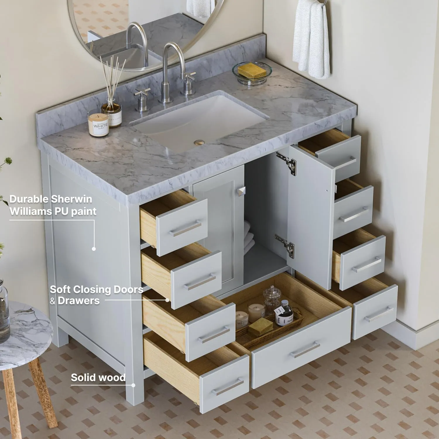 ARIEL Cambridge 42 Inch Grey Bathroom Vanity with Sink, Solid Wood, Carrara Marble Countertop, 2-Inch Edge, Rectangular Undermount Sink, 2 Soft Doors, 9 Drawers