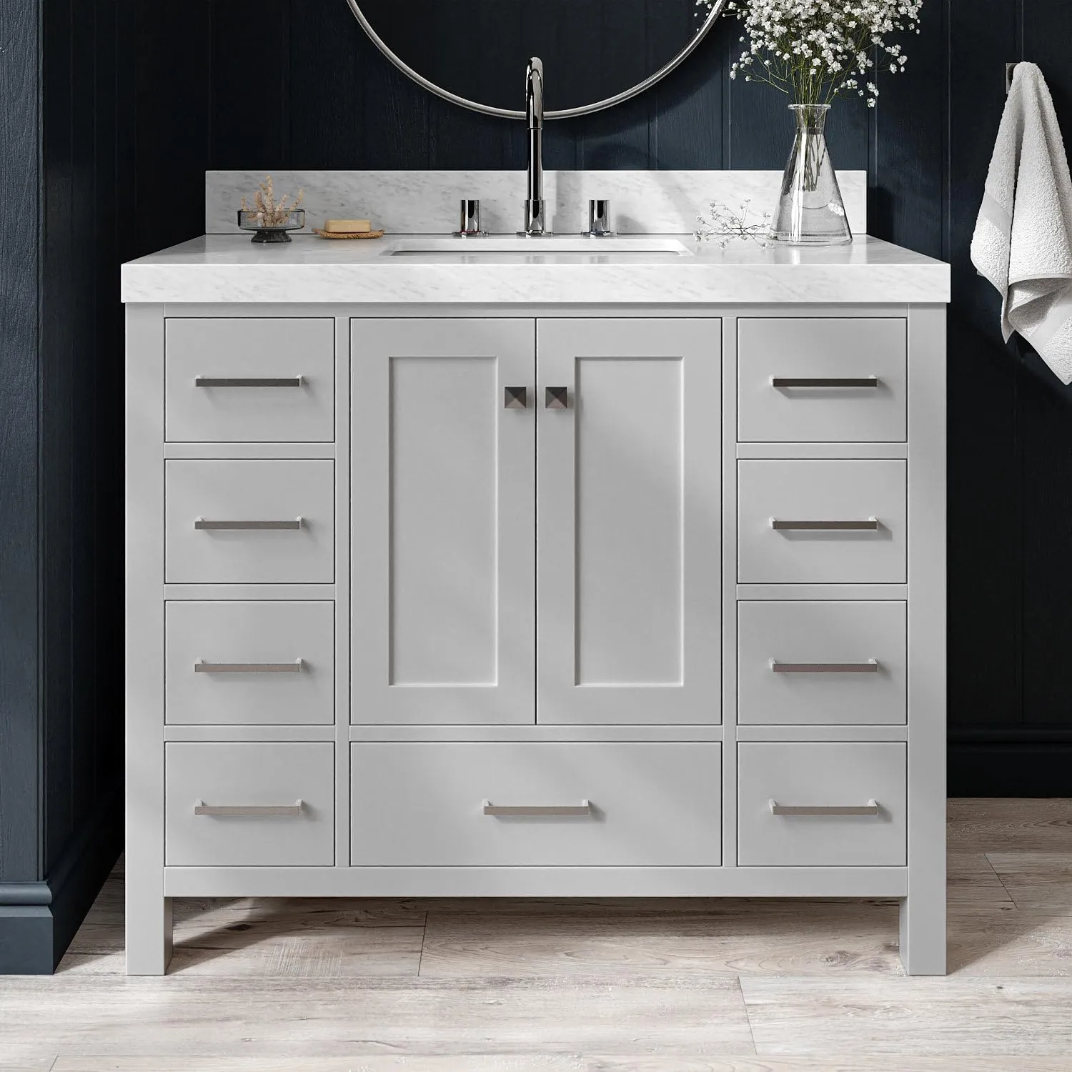 ARIEL Cambridge 42 Inch Grey Bathroom Vanity with Sink, Solid Wood, Carrara Marble Countertop, 2-Inch Edge, Rectangular Undermount Sink, 2 Soft Doors, 9 Drawers