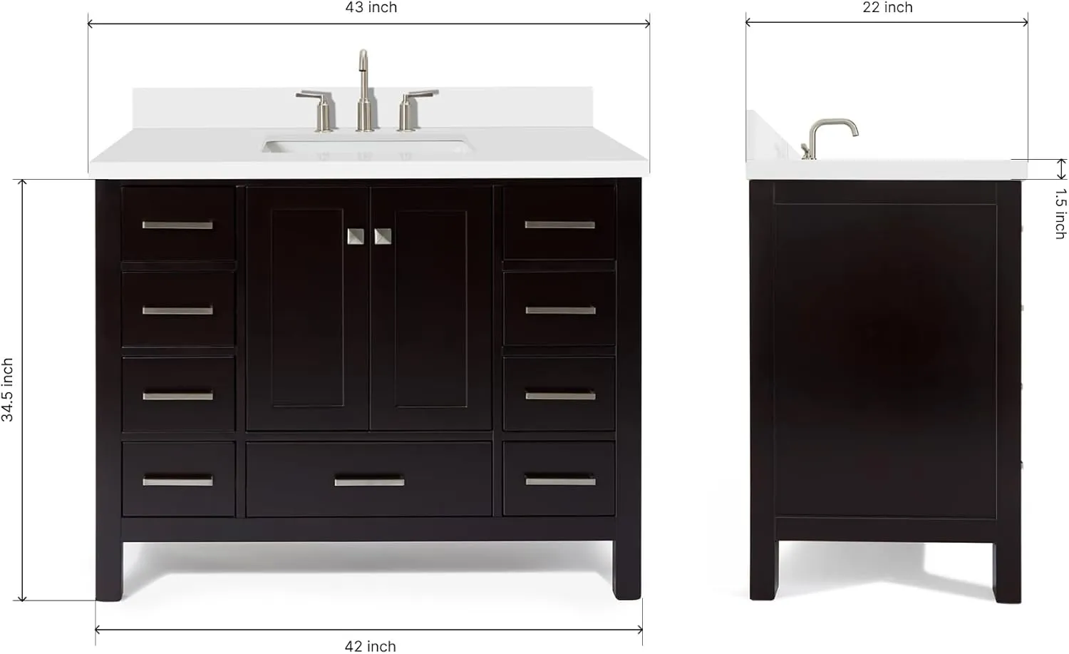 ARIEL Cambridge 43 Inch Espresso Bathroom Vanity with Sink, Solid Wood, White Quartz Countertop, 1.5-Inch Edge, Single Rectangular Undermount Sink, 2 Doors, 9 Drawers