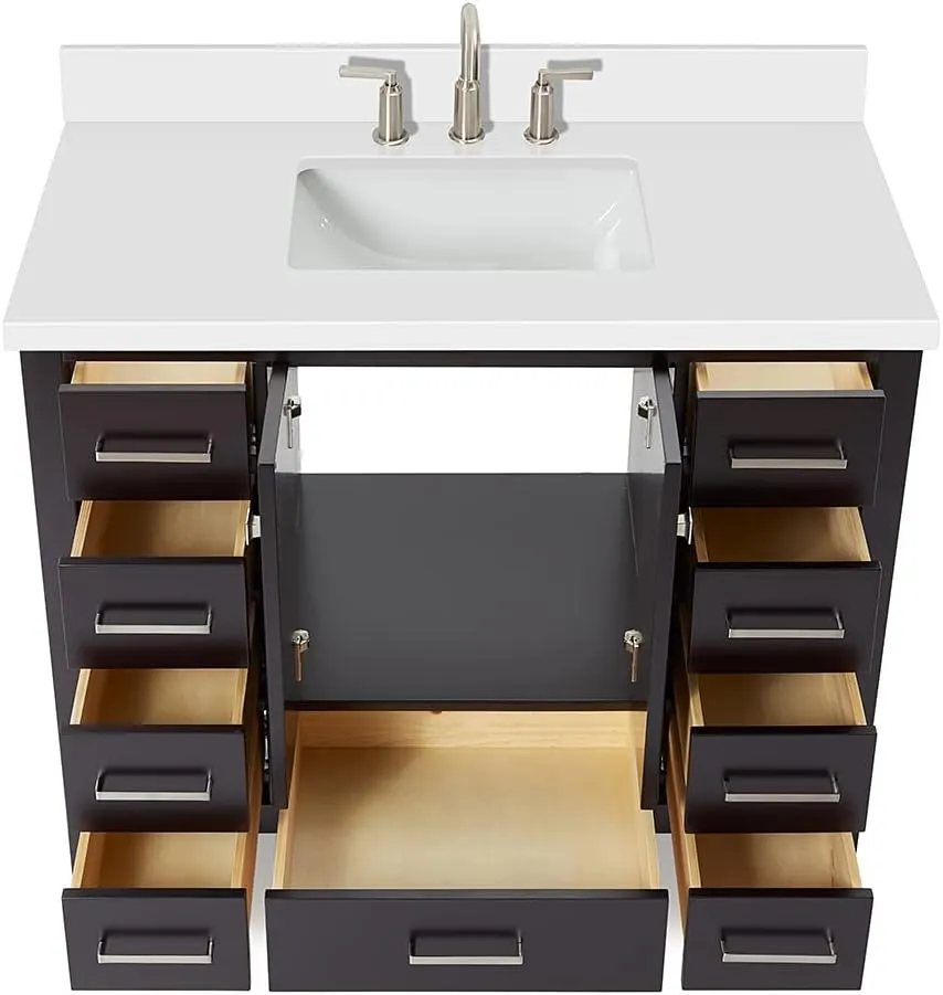 ARIEL Cambridge 43 Inch Espresso Bathroom Vanity with Sink, Solid Wood, White Quartz Countertop, 1.5-Inch Edge, Single Rectangular Undermount Sink, 2 Doors, 9 Drawers