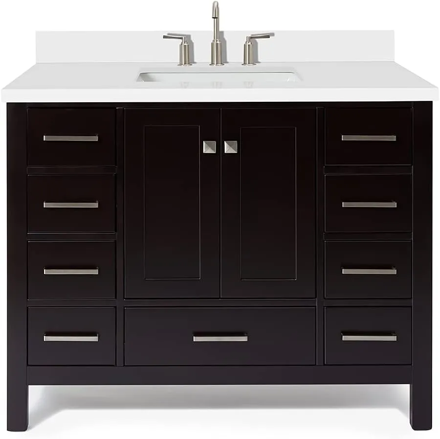 ARIEL Cambridge 43 Inch Espresso Bathroom Vanity with Sink, Solid Wood, White Quartz Countertop, 1.5-Inch Edge, Single Rectangular Undermount Sink, 2 Doors, 9 Drawers