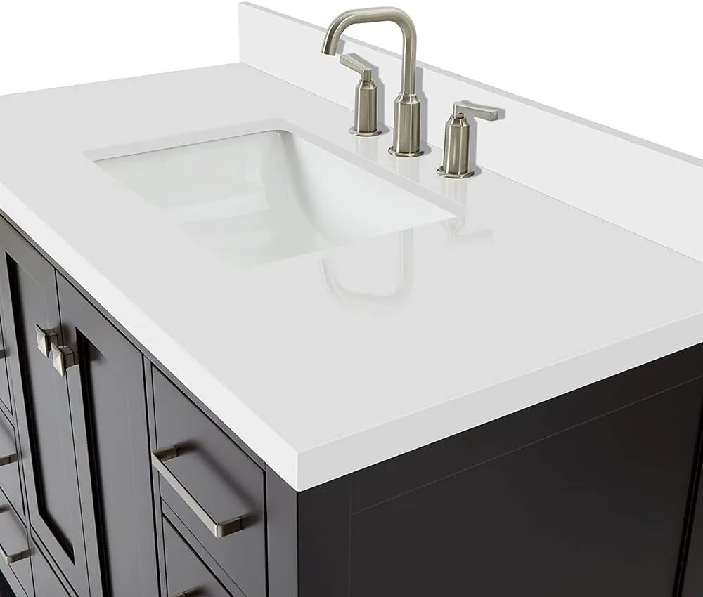 ARIEL Cambridge 43 Inch Espresso Bathroom Vanity with Sink, Solid Wood, White Quartz Countertop, 1.5-Inch Edge, Single Rectangular Undermount Sink, 2 Doors, 9 Drawers