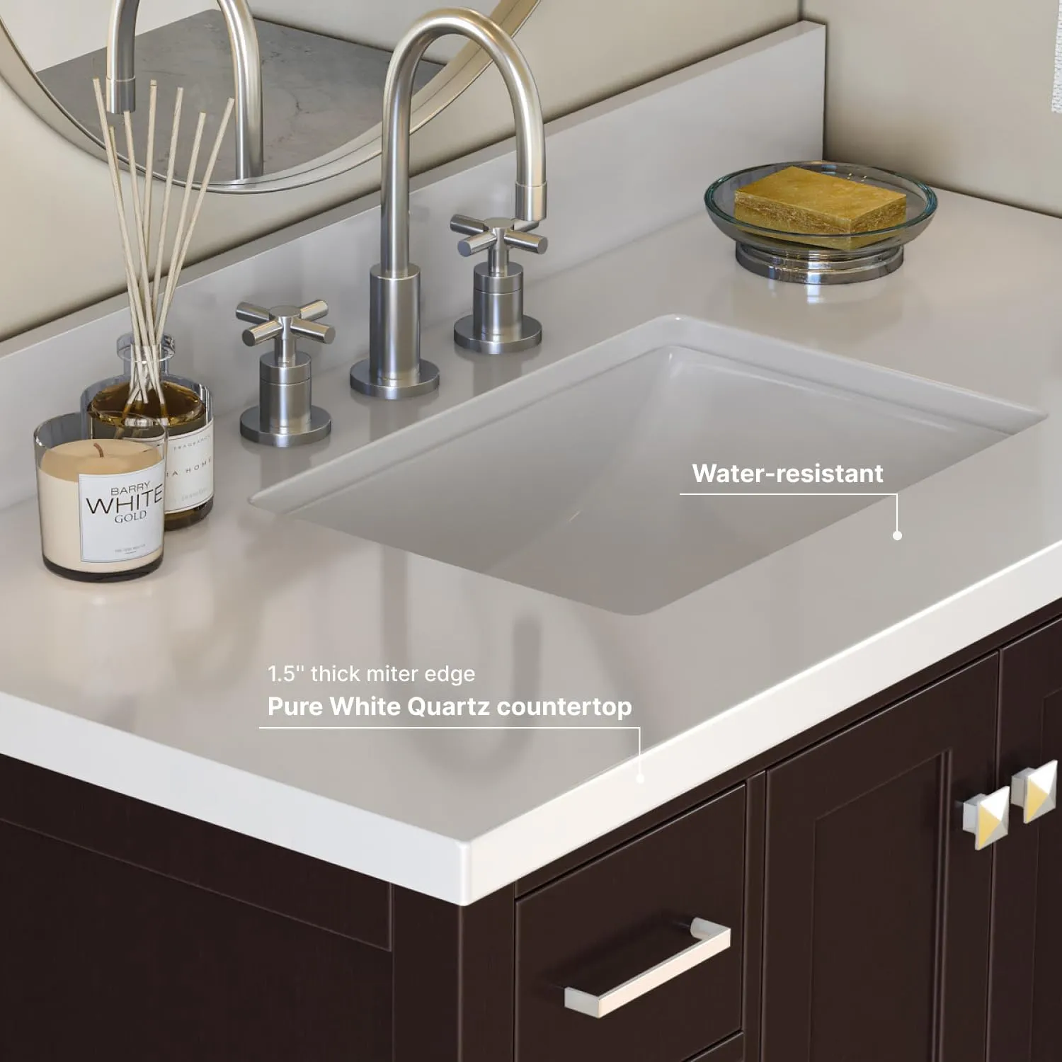 ARIEL Cambridge 43 Inch Espresso Bathroom Vanity with Sink, Solid Wood, White Quartz Countertop, 1.5-Inch Edge, Single Rectangular Undermount Sink, 2 Doors, 9 Drawers