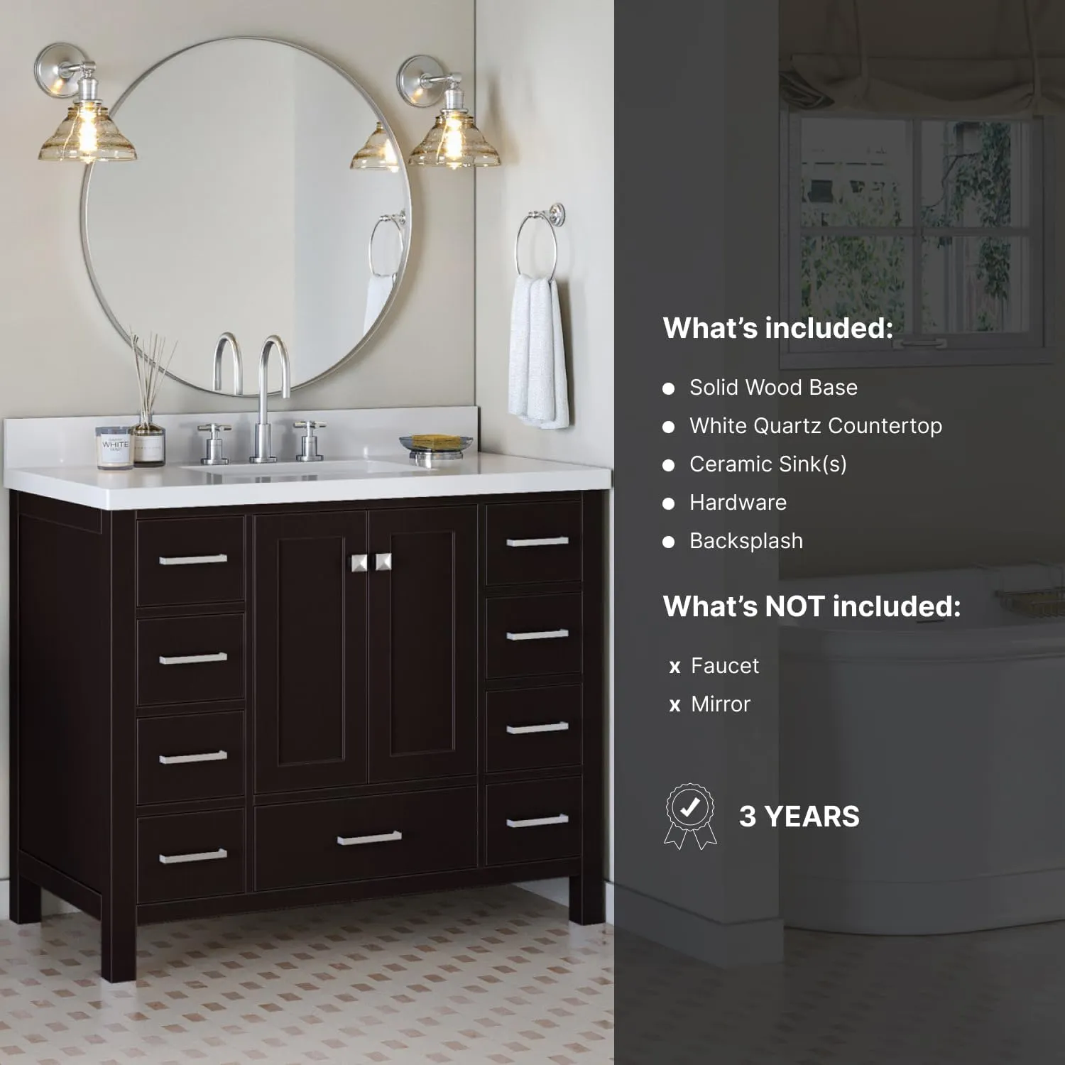 ARIEL Cambridge 43 Inch Espresso Bathroom Vanity with Sink, Solid Wood, White Quartz Countertop, 1.5-Inch Edge, Single Rectangular Undermount Sink, 2 Doors, 9 Drawers