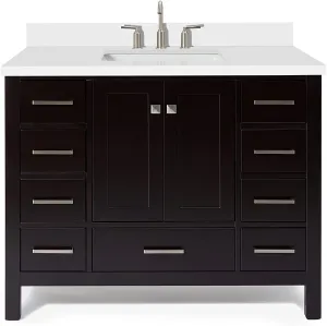 ARIEL Cambridge 43 Inch Espresso Bathroom Vanity with Sink, Solid Wood, White Quartz Countertop, 1.5-Inch Edge, Single Rectangular Undermount Sink, 2 Doors, 9 Drawers