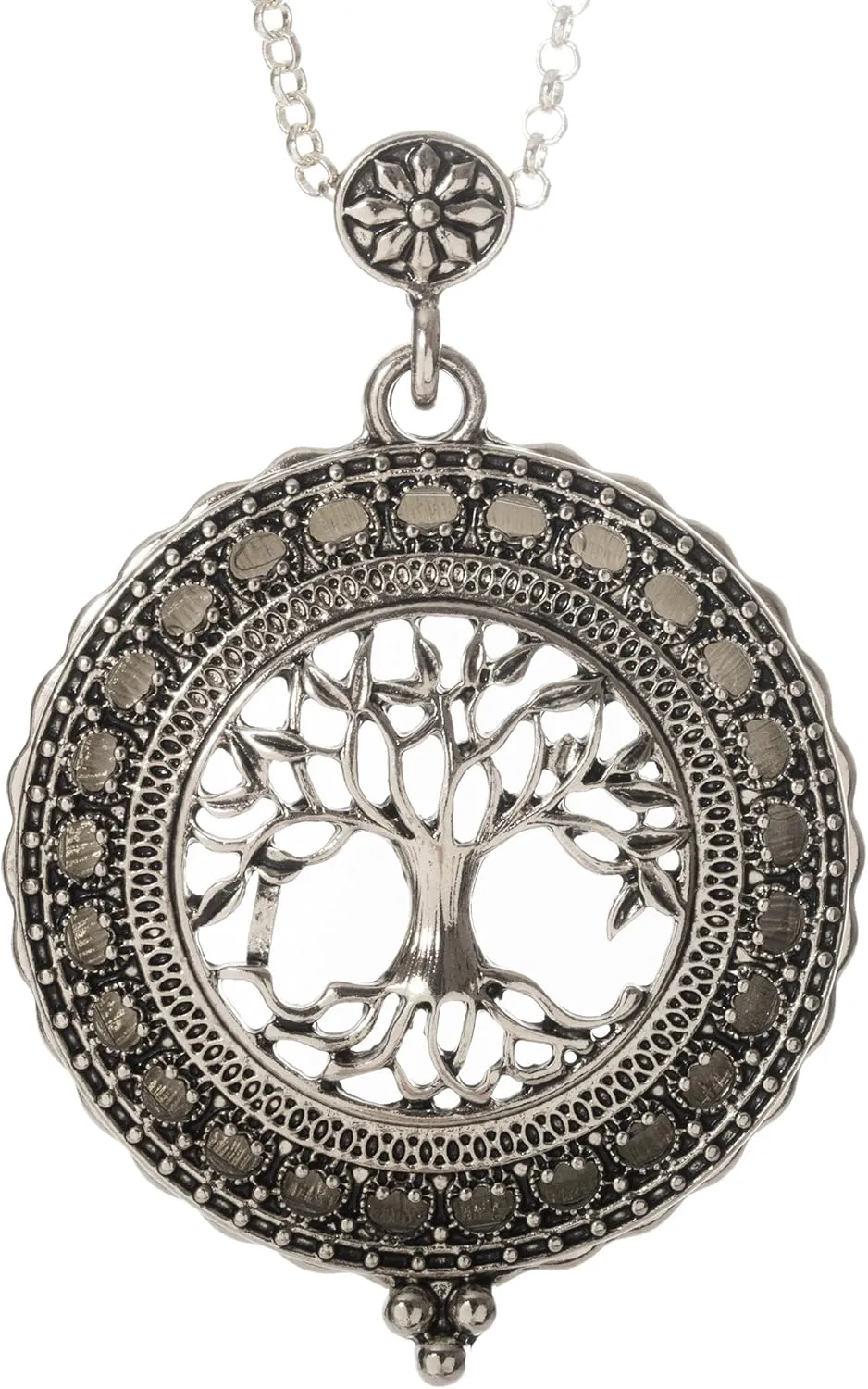 Artisan Owl Tree of Life 4x Magnifier Magnifying Glass Sliding Top Pendant Necklace (Silver Tone)