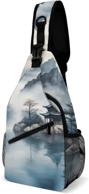 Asian Landscape Painting Sling Bag for Men Women Travel Crossbody Bags Large Hiking Sling Backpack Chest Bag Man Purse