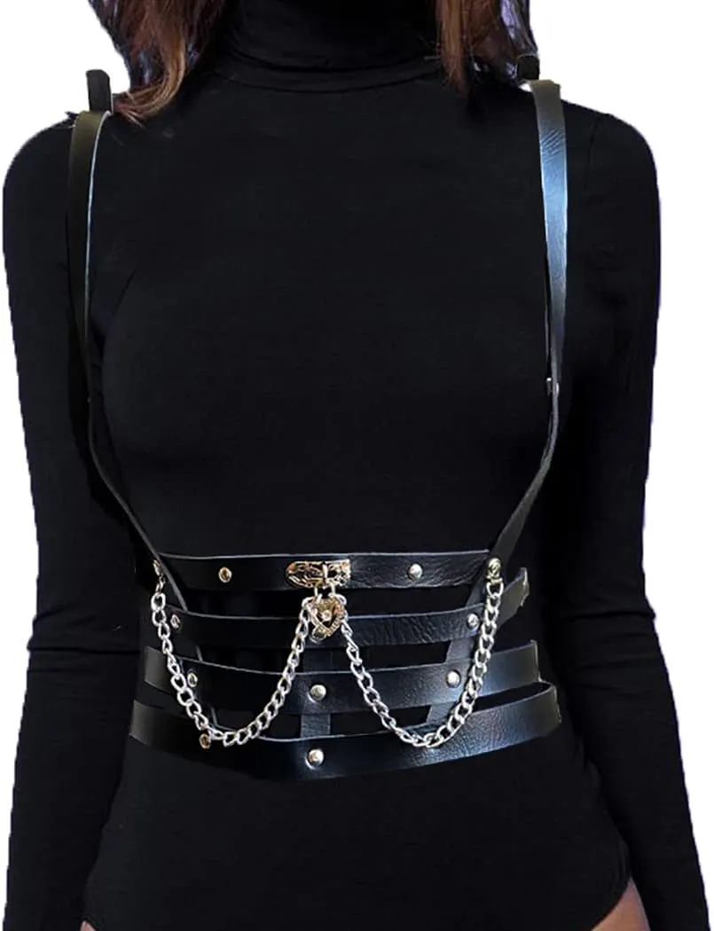 Asooll Punk Leather Waist Belt Black Belly Body Chain Harness Circle Waist Chain Fashion Belly Belts Prom Party Body Chains Body Accessories Jewelry for Women and Girls