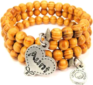 Aunt Quilted Heart Wood Beaded Wrap Bracelet