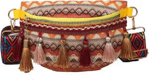 AuSion Boho Chic Waist Bag with Fringe Decor – Lightweight Colorful Fanny Pack Purse for Women Ladies – Adjustable Strap for Beach, Travel, Workouts, and Casual Wear