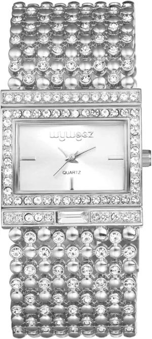 Avaner Women's Rhinestone Gold Watches: Square Bling Beaded Bracelet Analog Quartz Ladies Wrist Watches