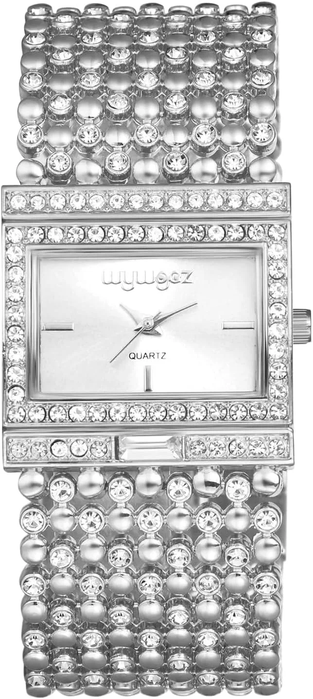 Avaner Women's Rhinestone Gold Watches: Square Bling Beaded Bracelet Analog Quartz Ladies Wrist Watches