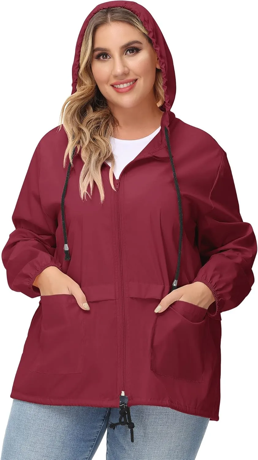 Avoogue Plus Size Raincoat Women Waterproof Rain Jacket Packable Outdoor Hooded Windbreaker