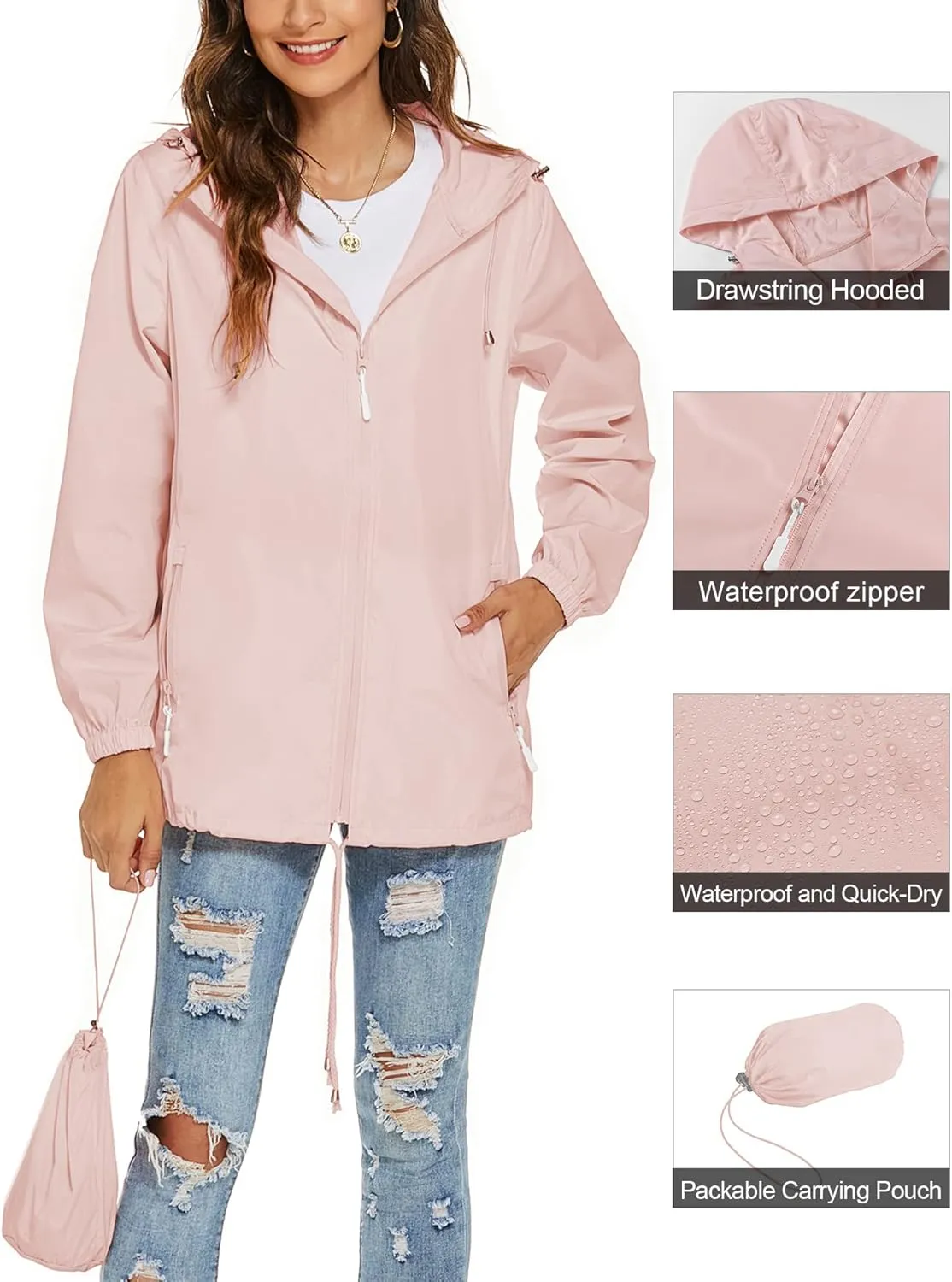 Avoogue Womens Waterproof Raincoat Lightweight Breathable Rain Jacket Hooded Rain Coat Outdoor Active Windbreaker with Pocket