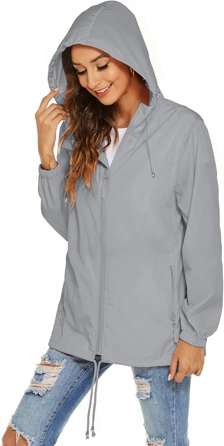 Avoogue Womens Waterproof Raincoat Lightweight Breathable Rain Jacket Hooded Rain Coat Outdoor Active Windbreaker with Pocket