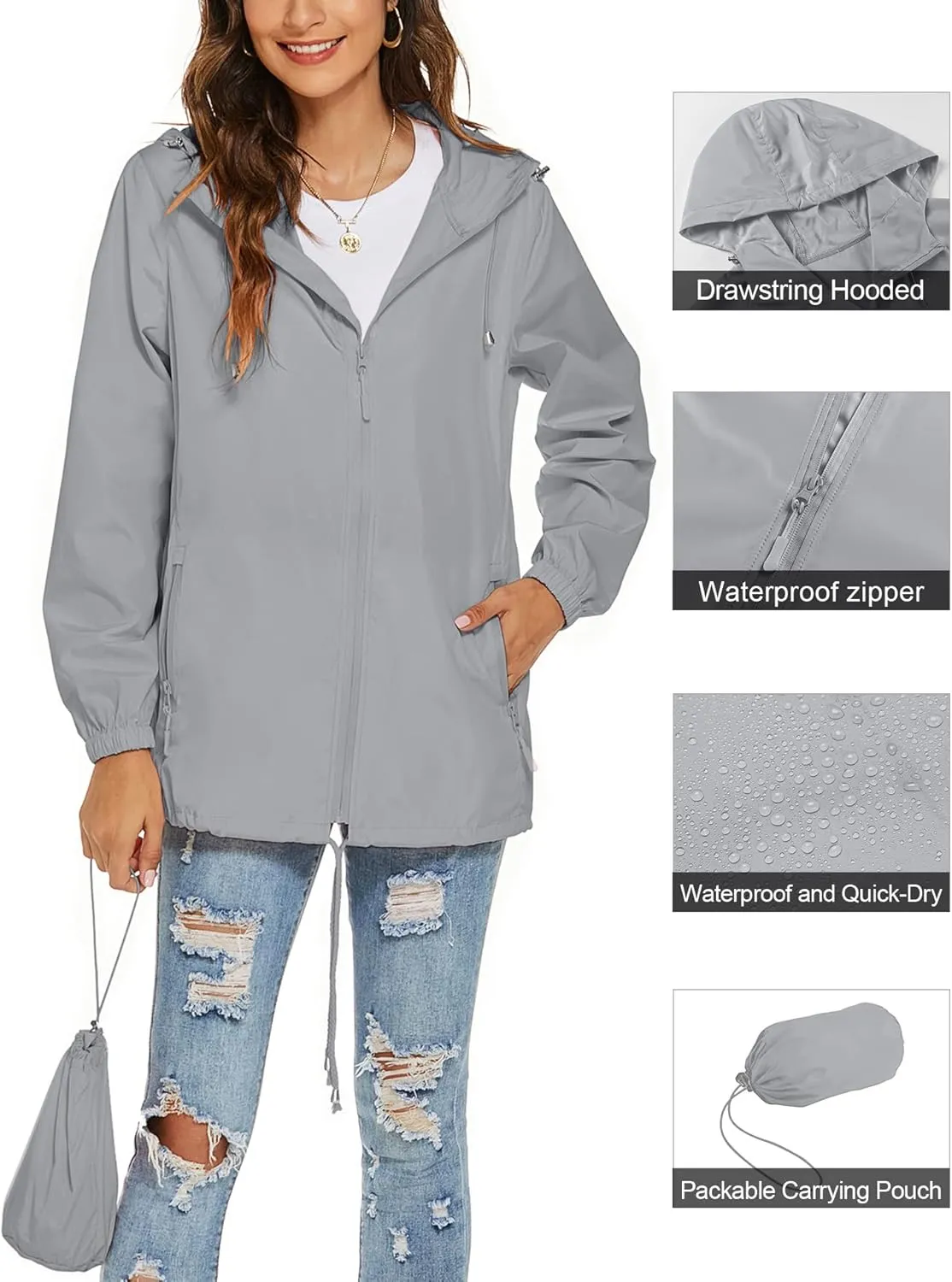 Avoogue Womens Waterproof Raincoat Lightweight Breathable Rain Jacket Hooded Rain Coat Outdoor Active Windbreaker with Pocket
